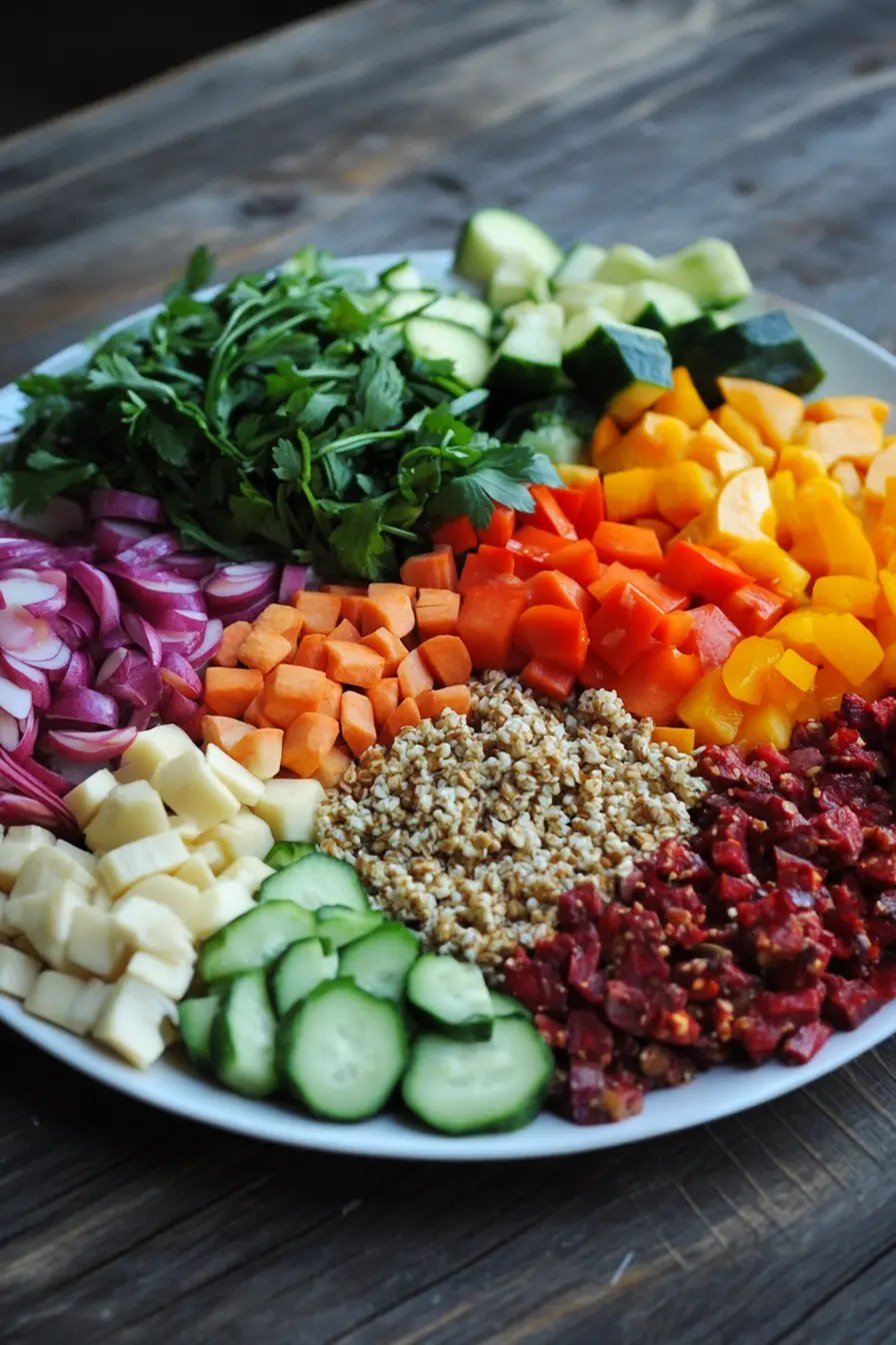 Healthy and colorful plate featuring lean protein, fresh vegetables, and whole grains ideal for Tirzepatide support.